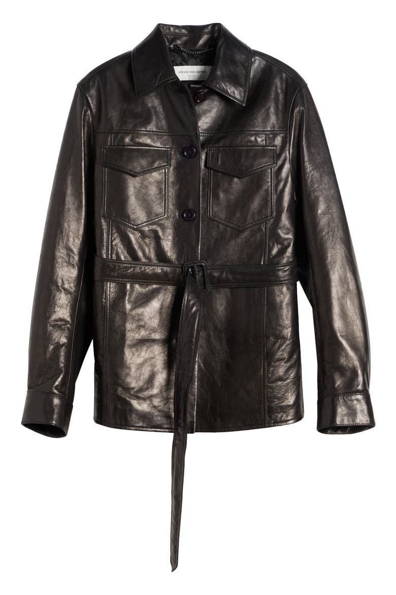 Lazan Belted Leather Shirt Jacket, Alternate, color, BLACK 900