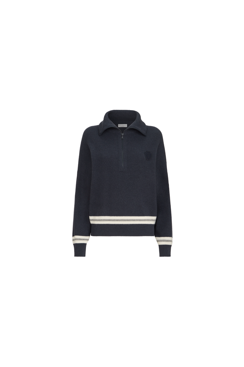 Cashmere English rib turtleneck sweater with half-zip and logo, Alternate, color, Navy Blue