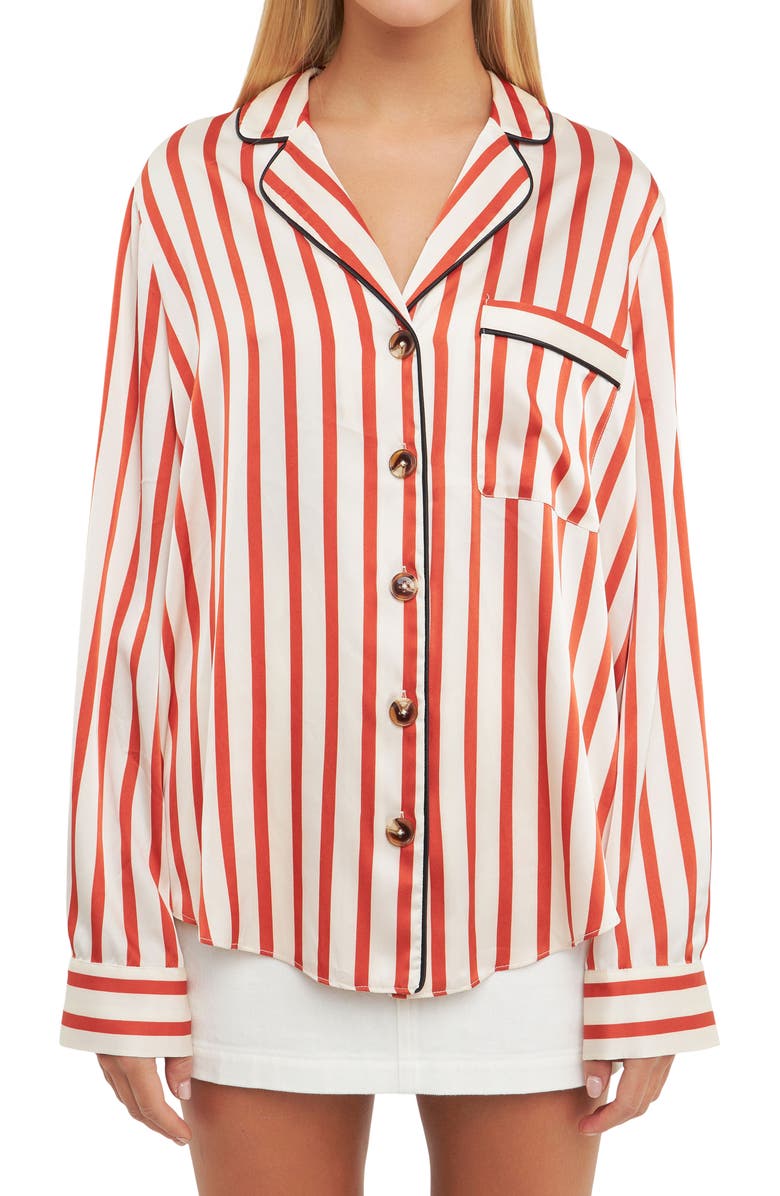 English Factory Striped Satin Button-Up Shirt, Alternate, color, 