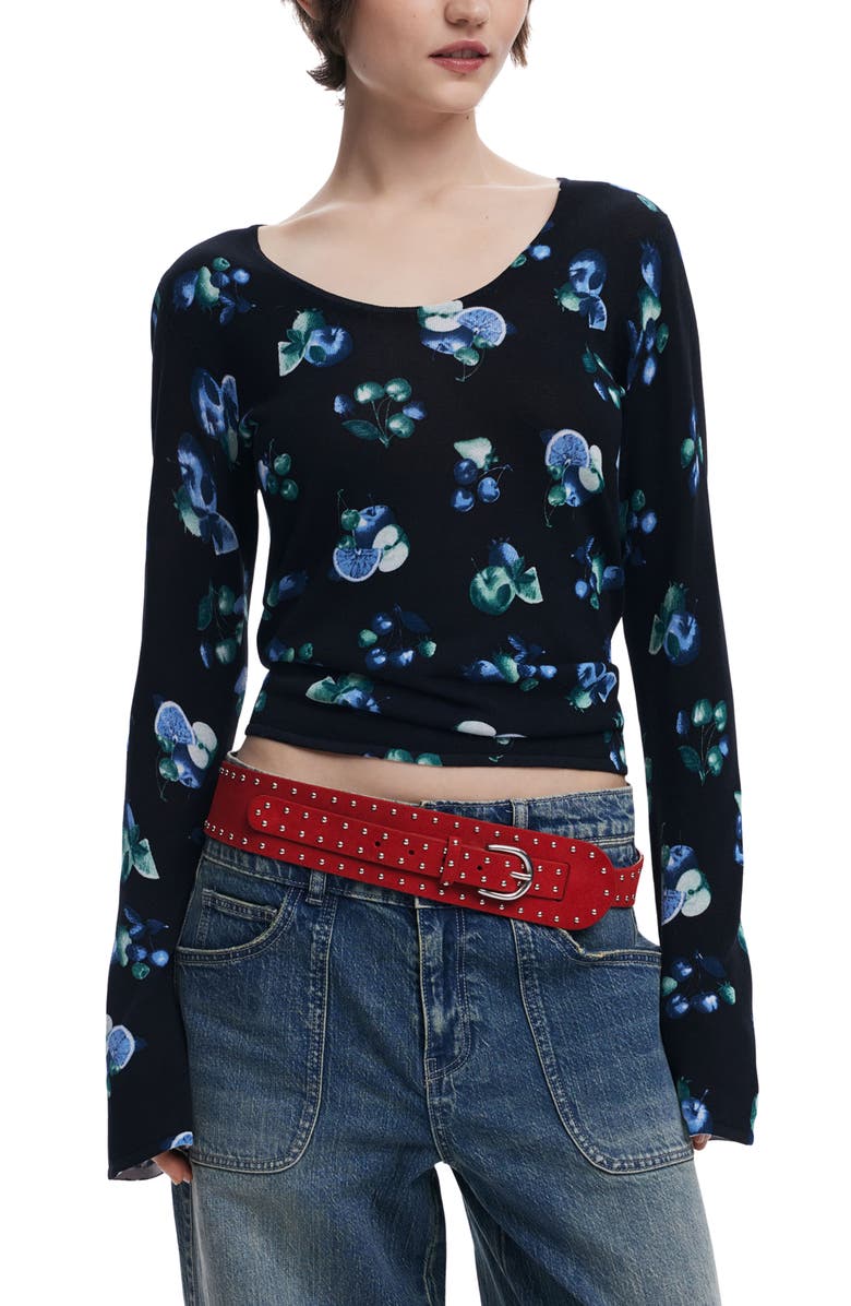 Desigual Print Rib Top, Main, color, Black