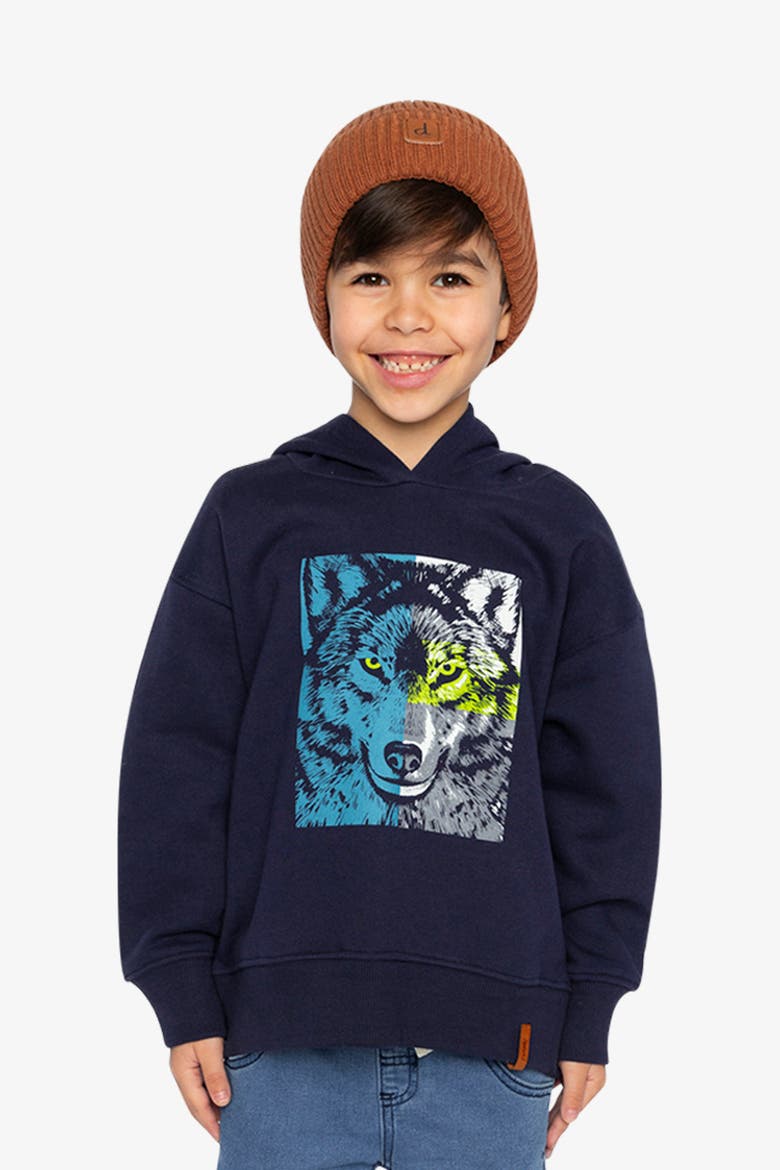 Wolf Graphic Ribbed Cuff Fleece Hooded Sweatshirt, Alternate, color, Dark Blue