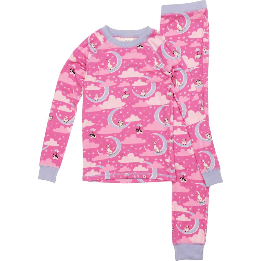 Munki Munki Kids' Moon Dogs Fitted Two-Piece Pajamas in Fuschia
