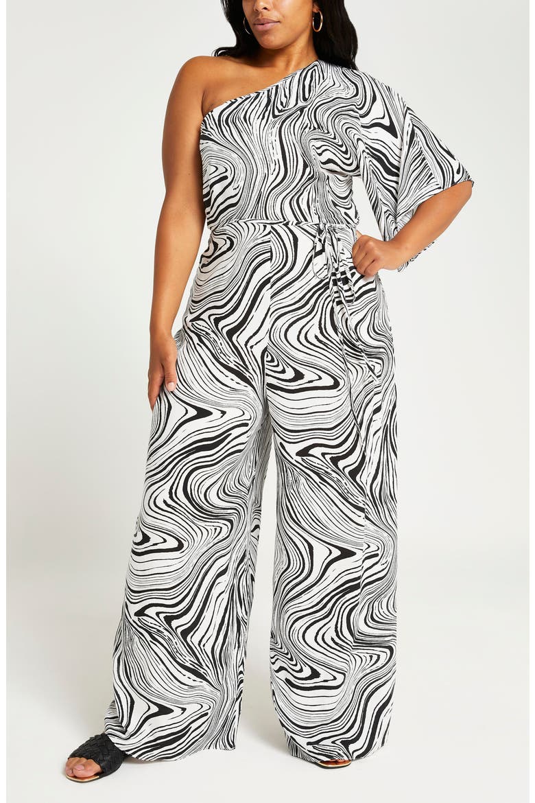Black Marble Print One-Shoulder Jumpsuit, Alternate, color, BLACK/ WHITE