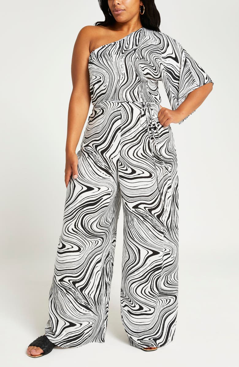 River Island Black Marble Print One-Shoulder Jumpsuit, Alternate, color,