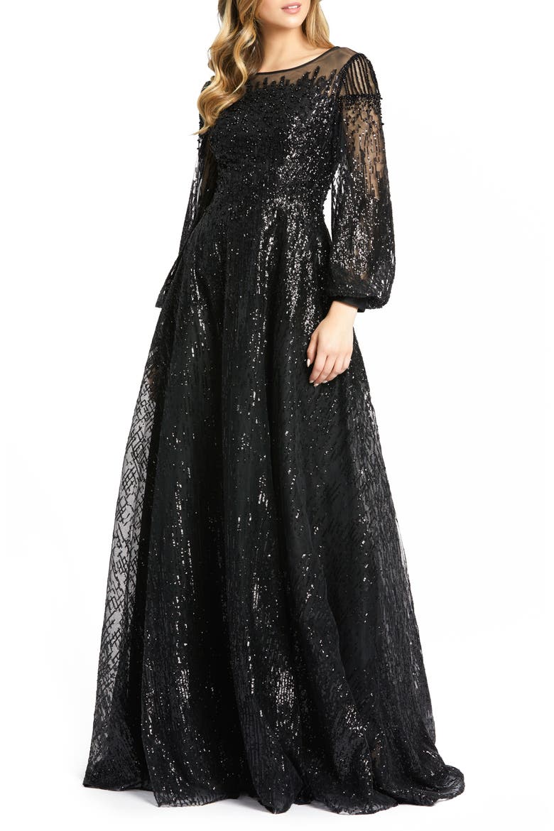 Jewel Encrusted Illusion Long Sleeve A Line Gown, Main, color, BLACK