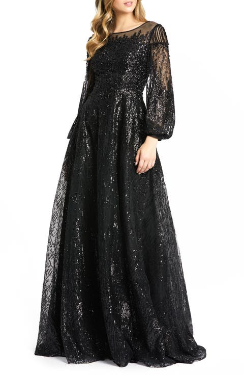 Jewel Encrusted Illusion Long Sleeve A Line Gown