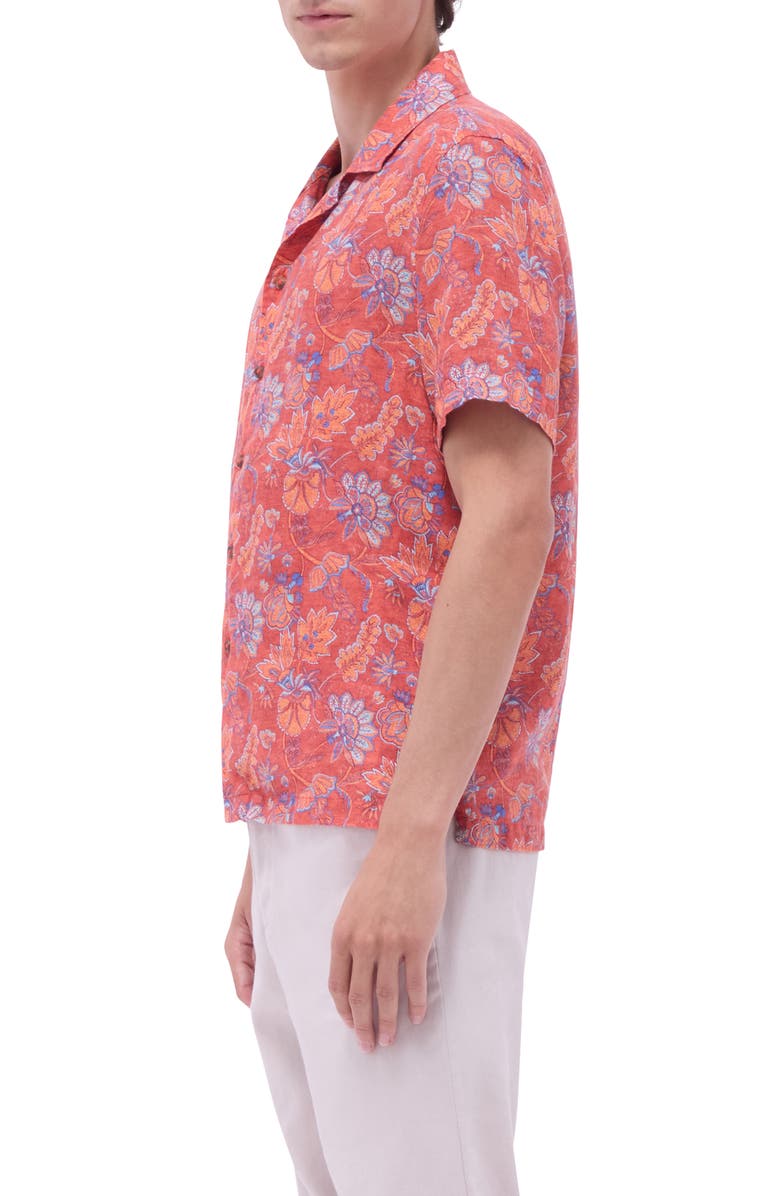 Bugatchi Jackson Floral Linen Camp Shirt, Alternate, color, Paprika
