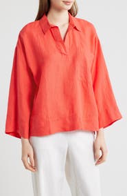Eileen Fisher Classic Collar Organic Linen Popover Top
