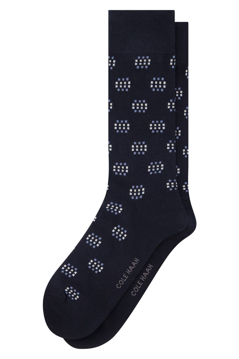 Geo Pattern Cotton Blend Dress Socks, Main, color, NAVY