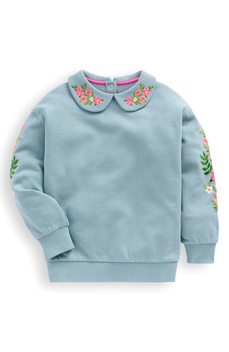 Mini Boden Kids' Floral Embroidered Peter Pan Collar Sweatshirt, Main, color, Pale Blue Embroidery