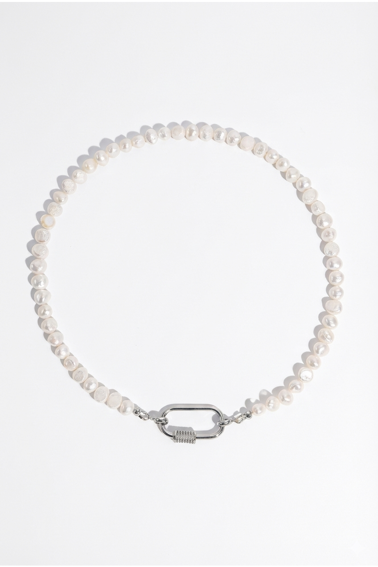 Freshwater Pearl Carabiner Clasp Gold Necklace, Main, color, Silver