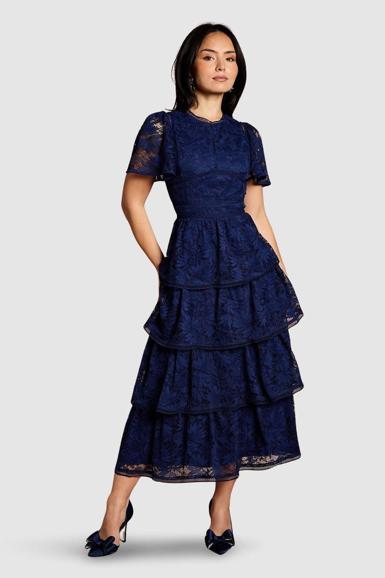 Petite Tiered Lace Dress, Main, color, Navy