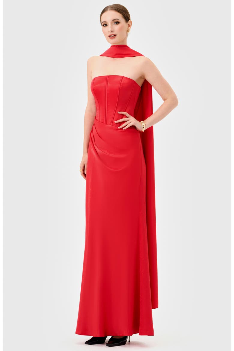 Iyla Strapless Corset Gown, Alternate, color, RED