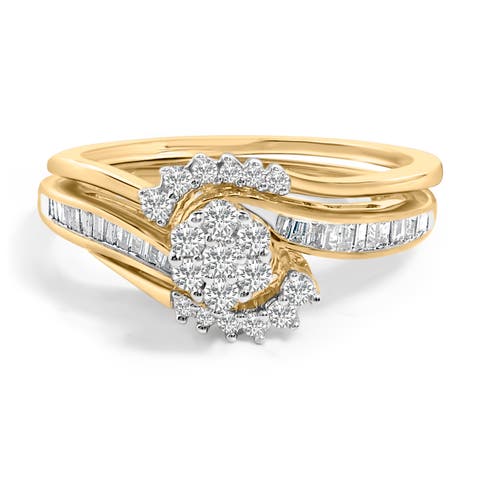 14K Yellow Gold Plated Sterling Silver 1/2 Cttw Diamond Cluster Spiral Bridal Set