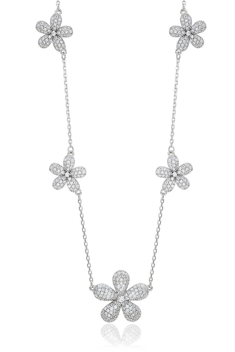 Cubic Zirconia Flower Pavé Station Necklace, Main, color, WHITE