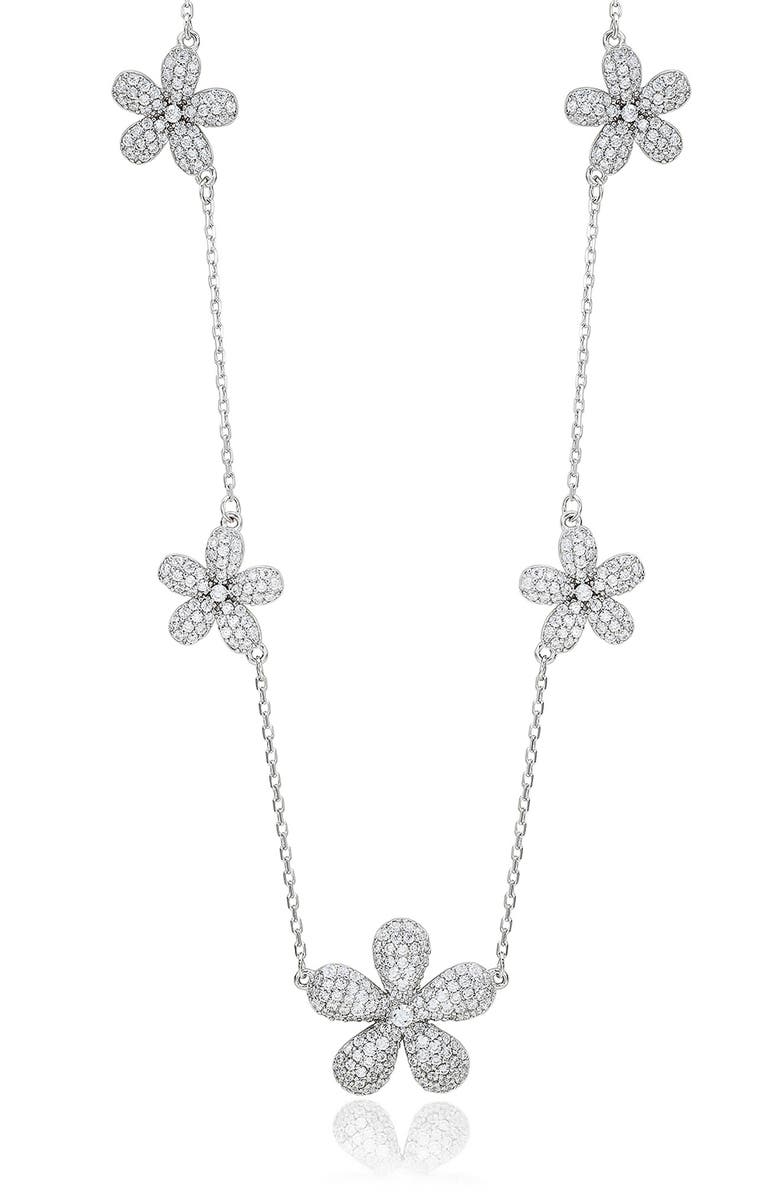 SUZY LEVIAN Cubic Zirconia Flower Pavé Station Necklace, Main, color, White