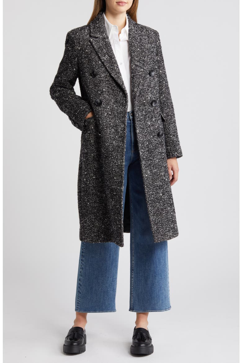 Reefer Double Breasted Herringbone Tweed Coat, Alternate, color, BLACK/WHIT