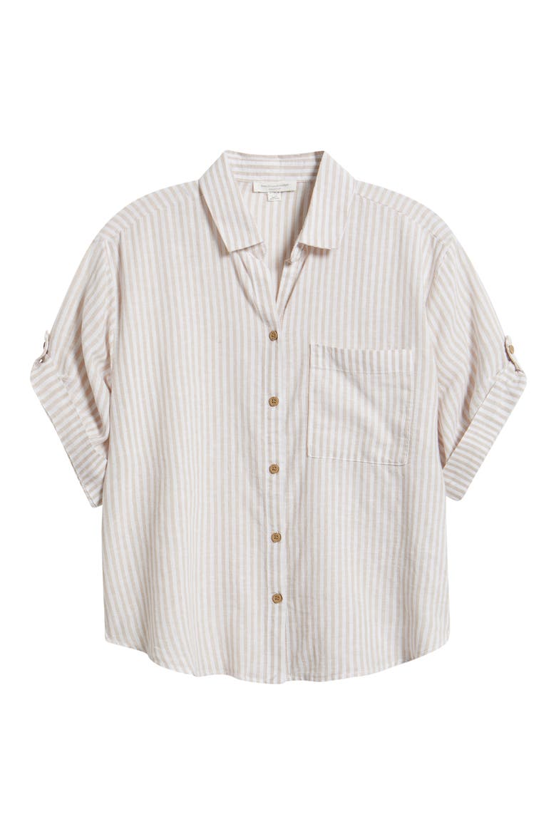 Mason Short Sleeve Stripe Button-Up Shirt, Alternate, color, KHAKI SAND