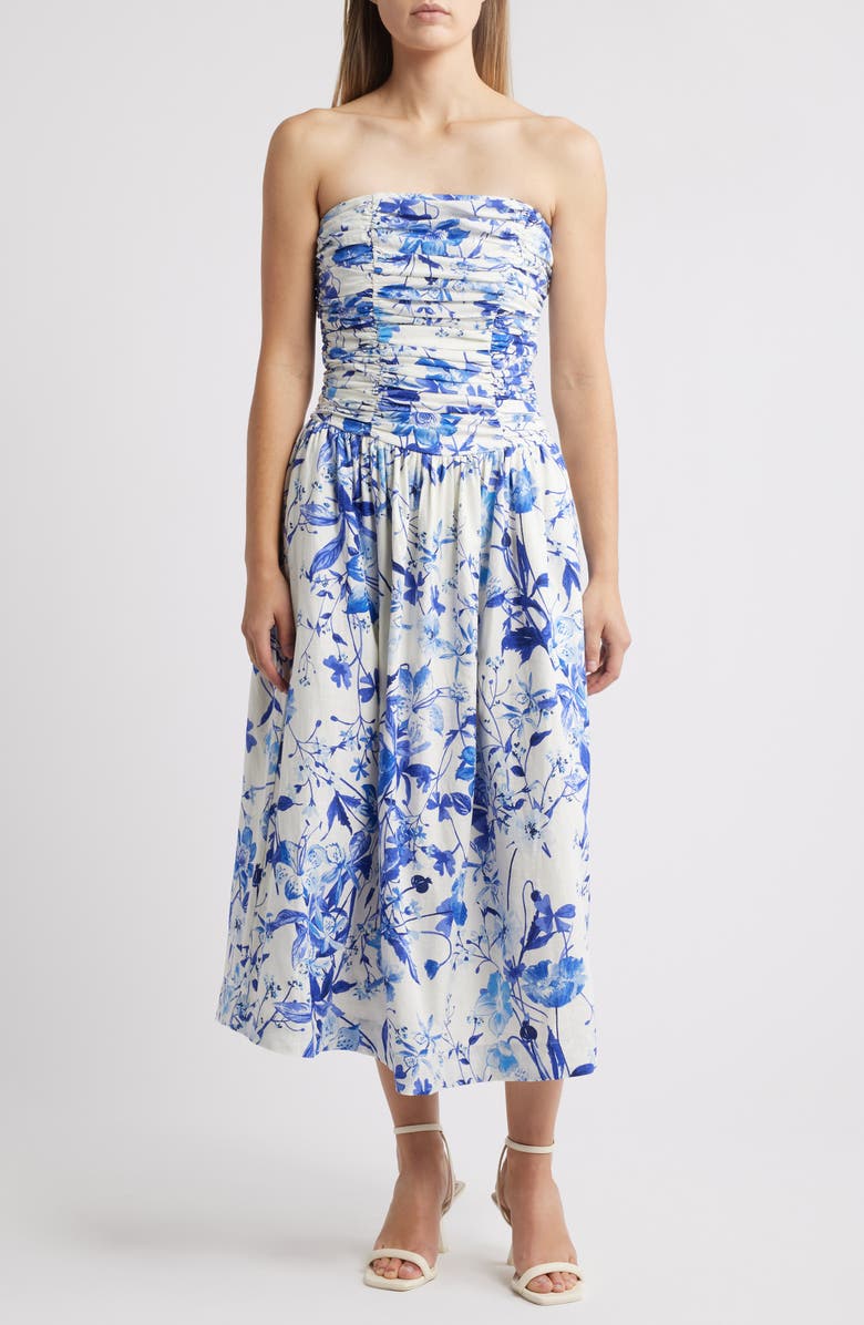 Chelsea28 Ruched Linen Blend Strapless Sundress, Main, color, Blue Floral