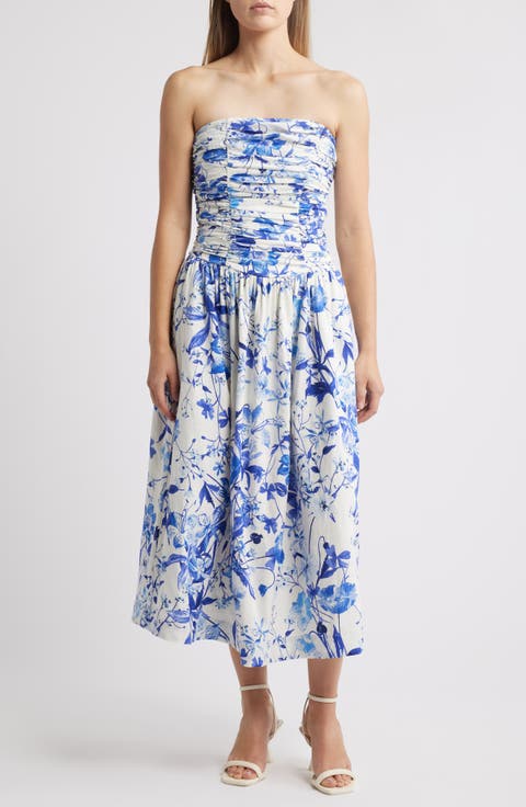 Ruched Linen Blend Strapless Sundress