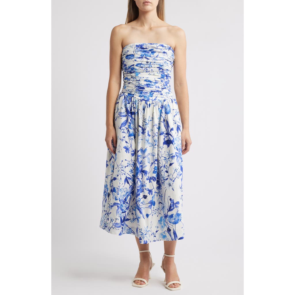 Chelsea28 Ruched Linen Blend Strapless Sundress In Blue Floral