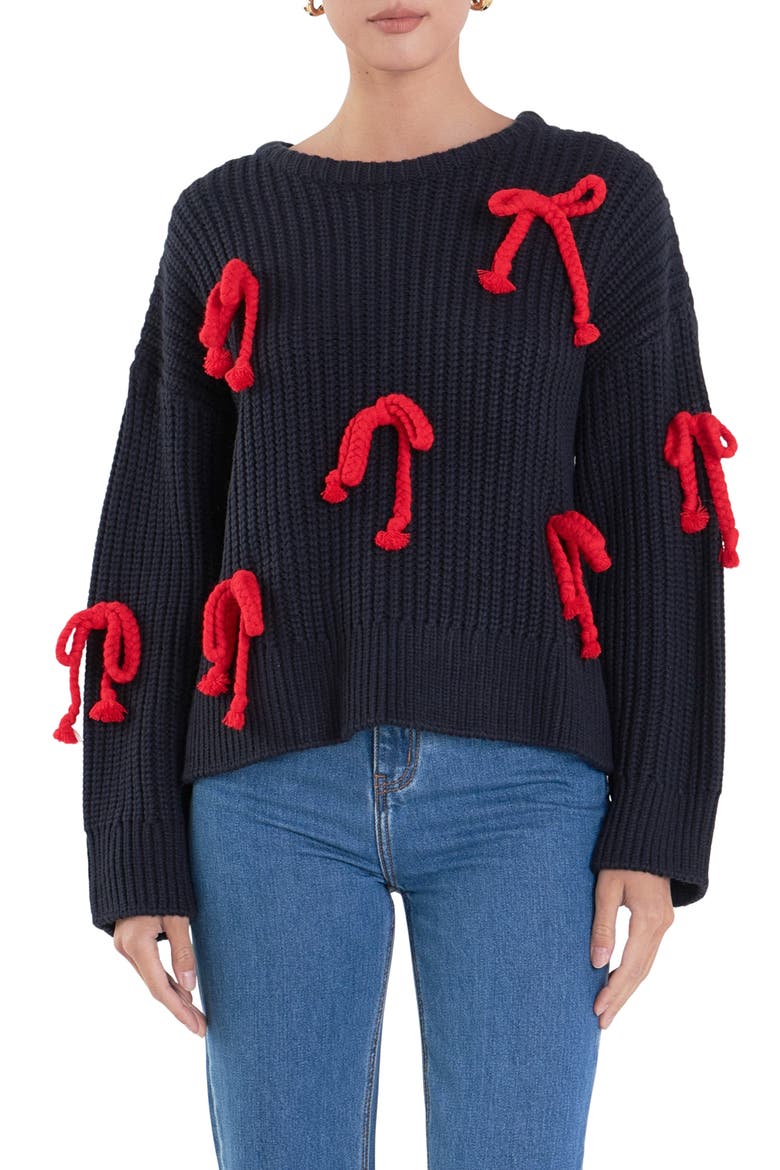 Bow Detail Sweater, Main, color, NAVY