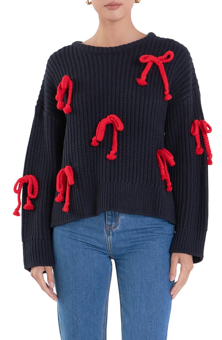 English Factory Bow Detail Sweater, Main, color, Navy