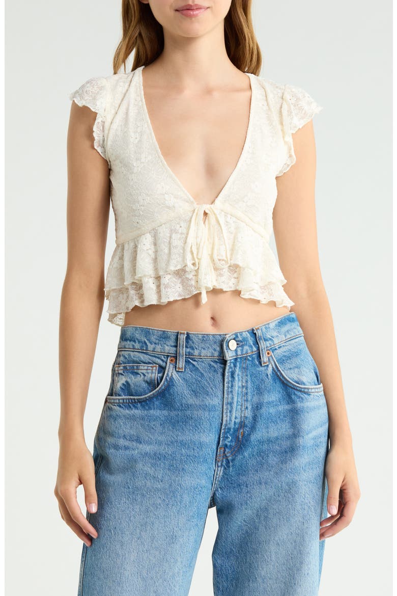 Tiered Lace Tie Front Top, Main, color, CREME