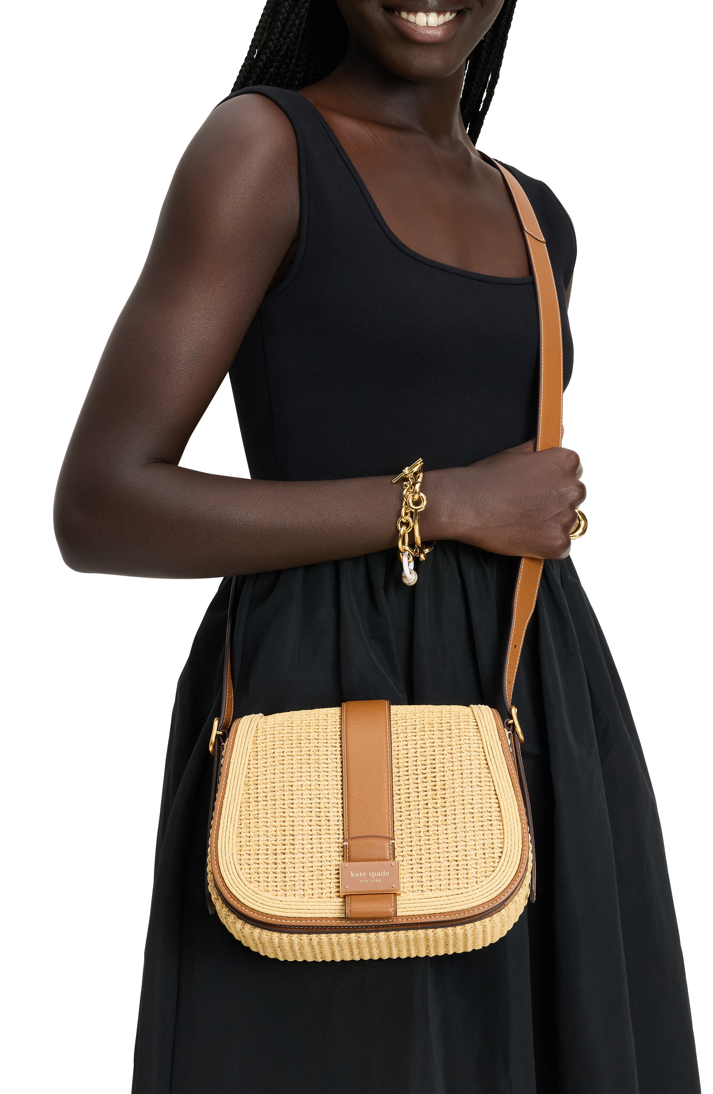 Kate Spade New York medium noveau straw saddle crossbody bag, Alternate, color, 