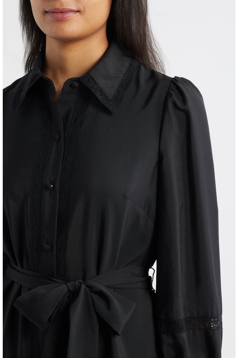 Lace Detail Long Sleeve Pleated Shirtdress, Alternate, color, BLACK