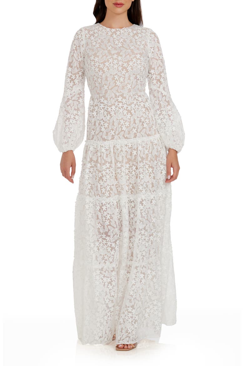 Lyra Semisheer Long Sleeve Gown, Main, color, WHITE