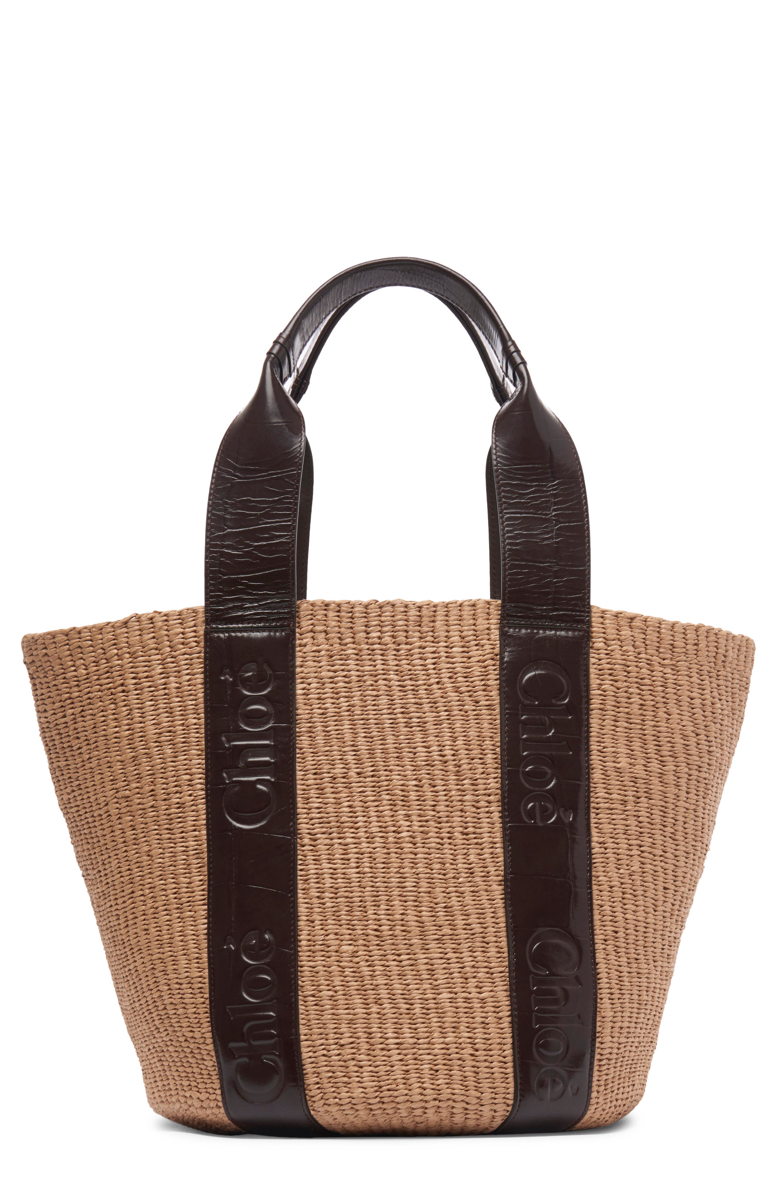 Chloé Woody Croc Embossed Leather Straw Basket Tote, Main, color, 