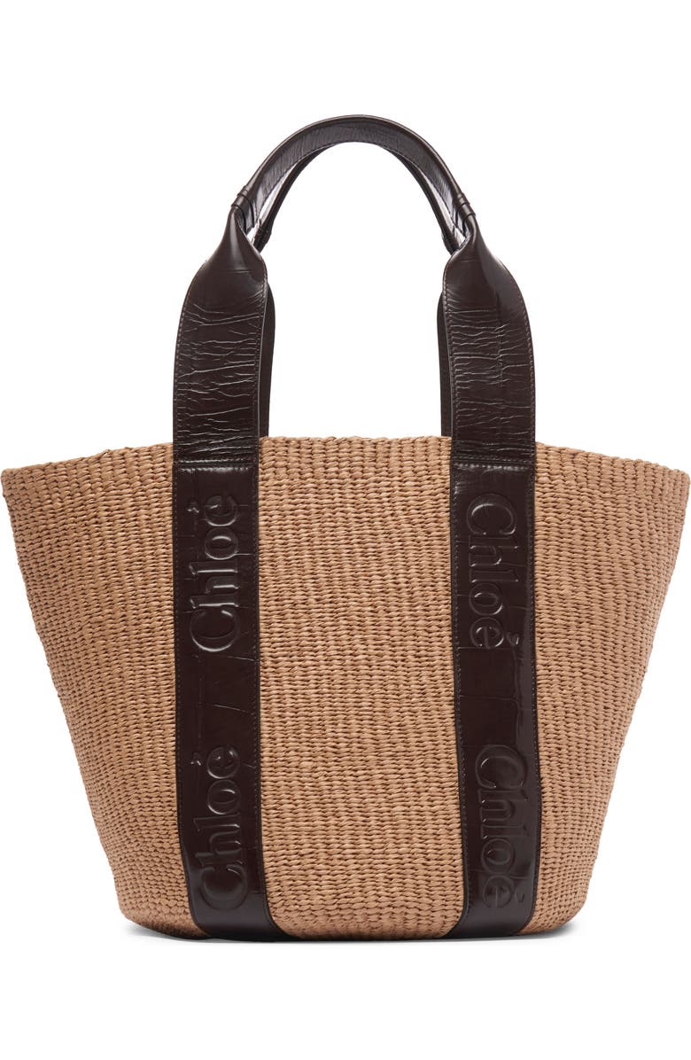 Chloé Woody Croc Embossed Leather Straw Basket Tote, Main, color,
