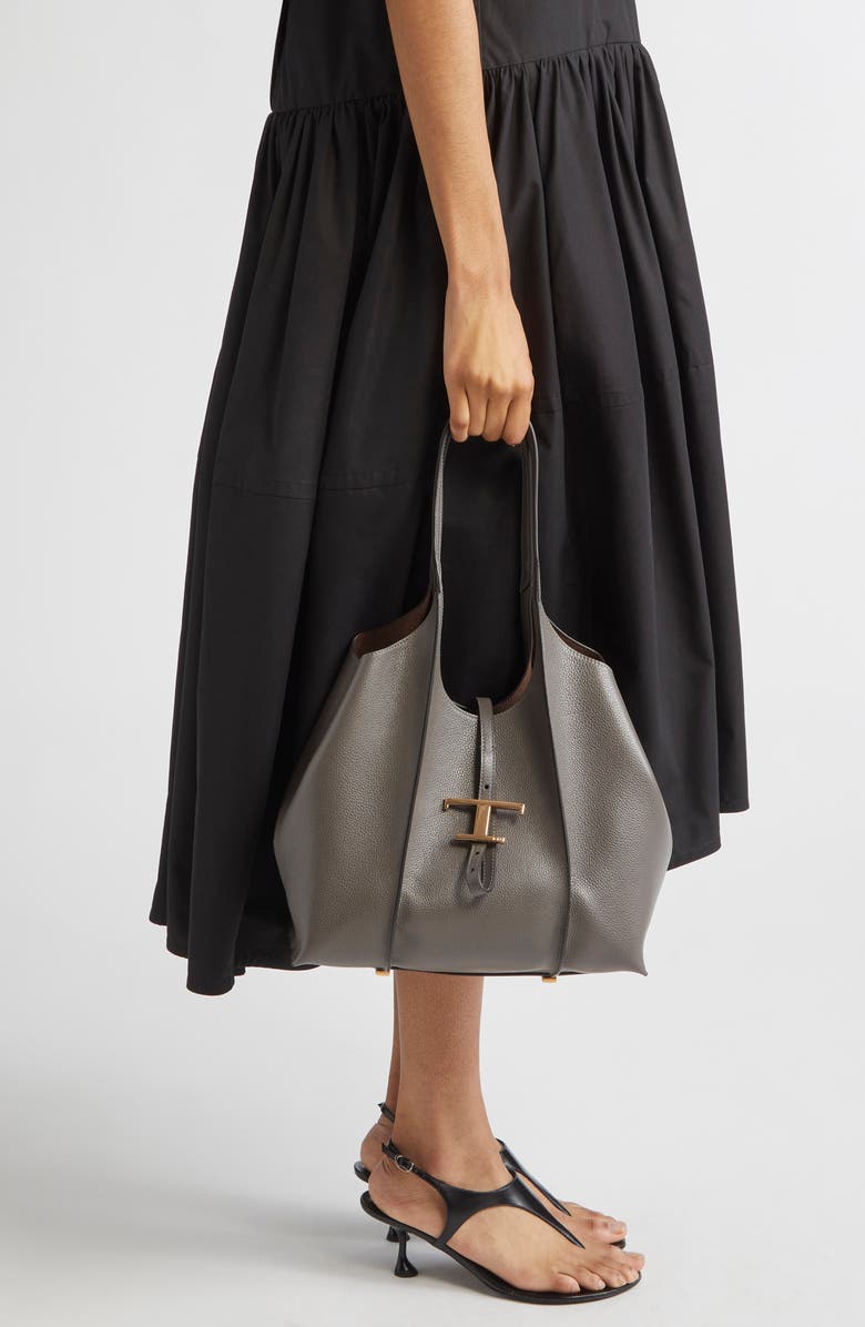 Tod's Small Logo Leather Shopper Tote, Alternate, color, Grigio Scuro