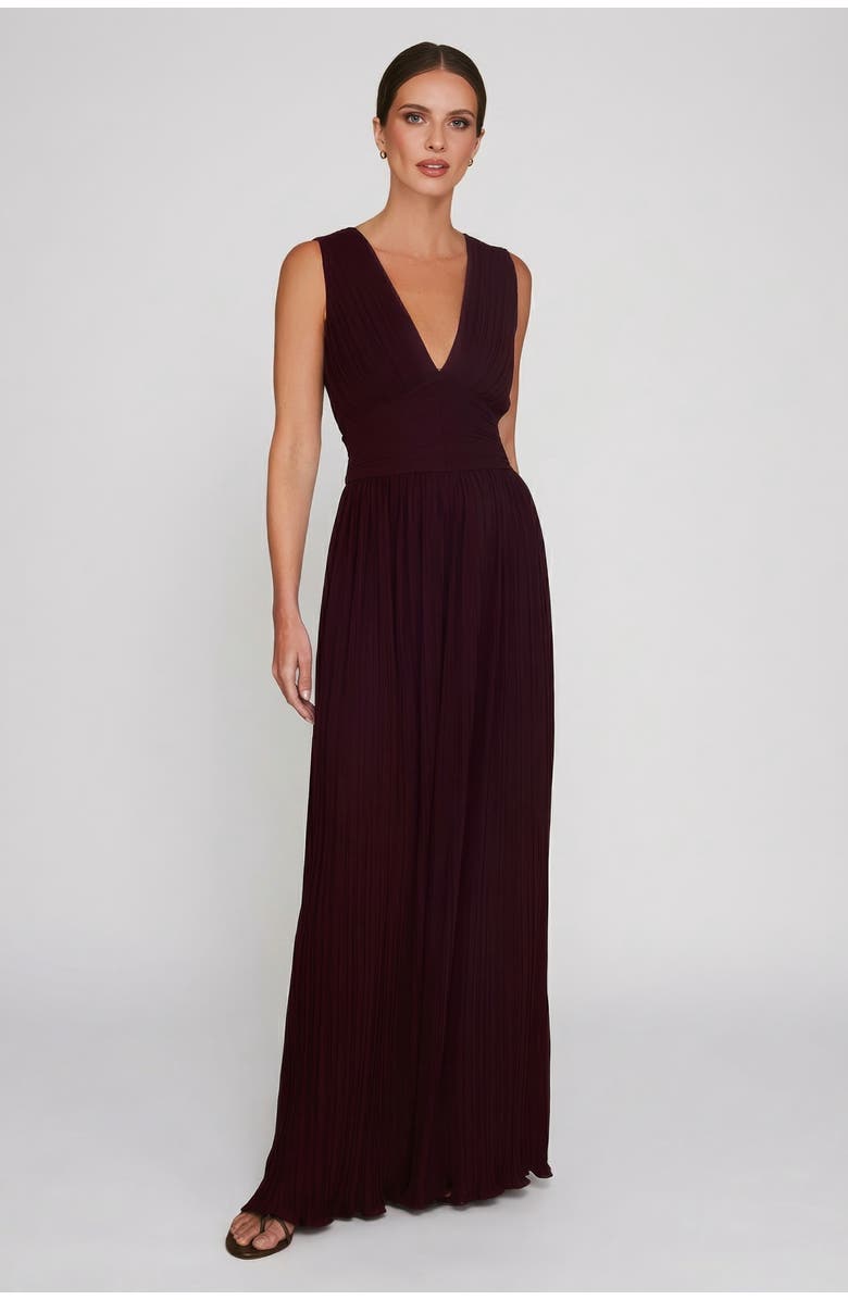 Six Stories Pleated Plunge Maxi Dress, Main, color, Wine