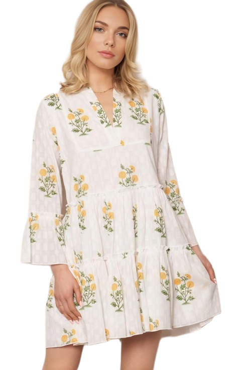 Floral Embroidered Tiered Bell Sleeve Mini Dress