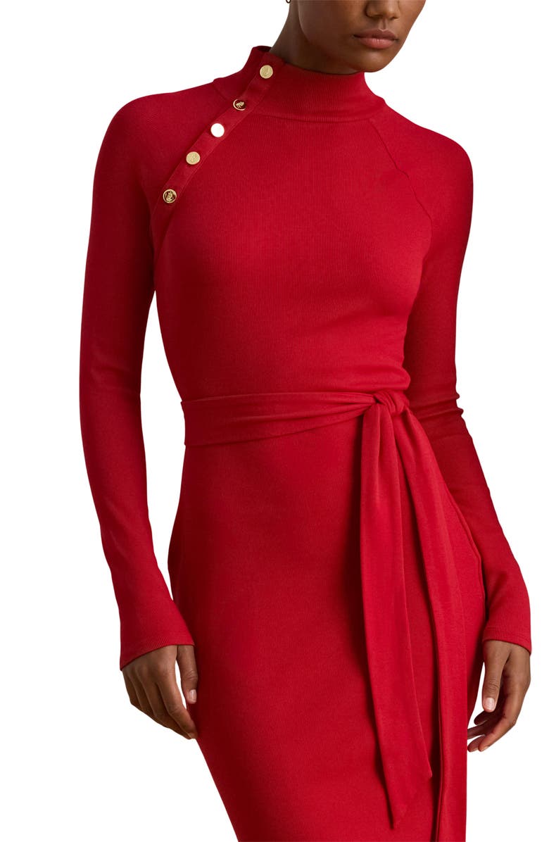 Lauren Ralph Lauren Long Sleeve Cotton Blend Rib Dress, Alternate, color, Ralph Red