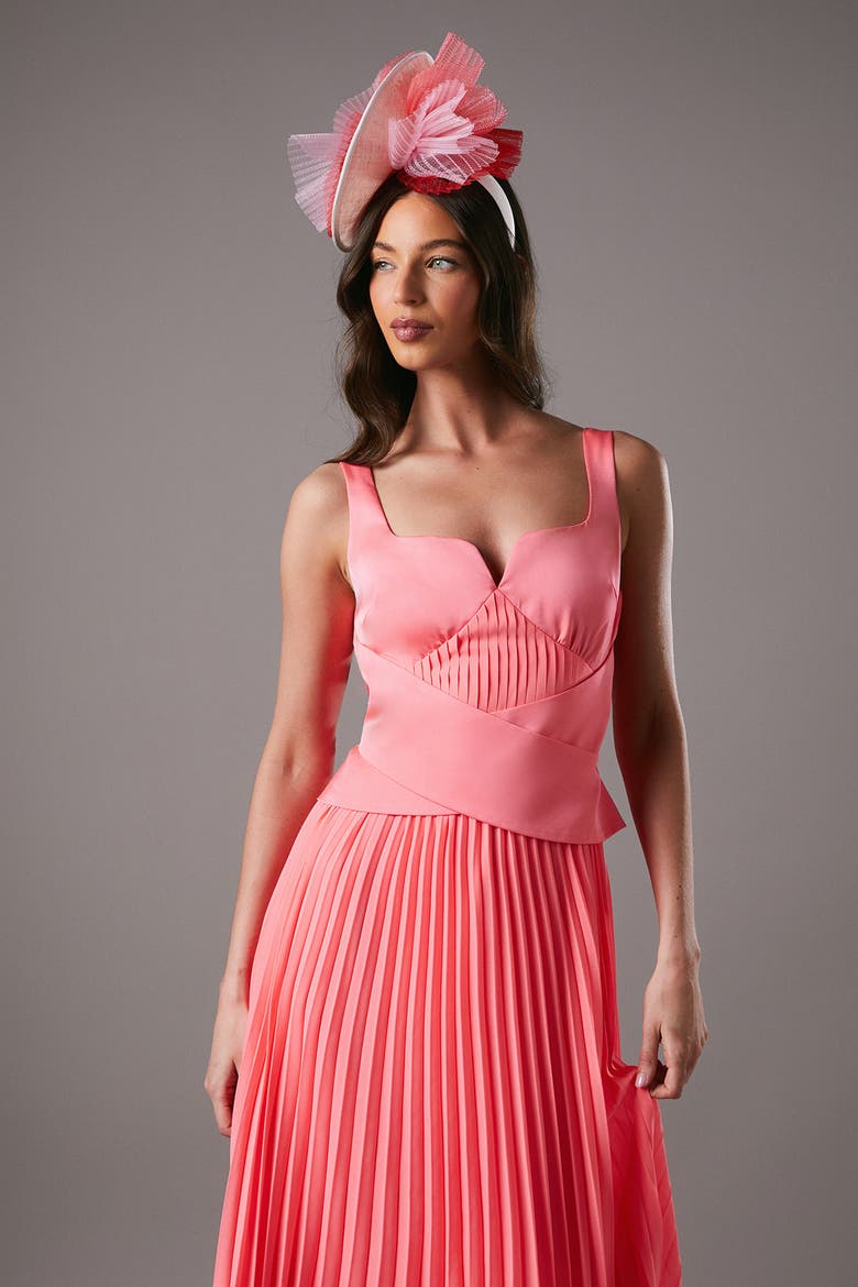 Peplum Cross Detail Pleated Midi Dress, Alternate, color, Coral