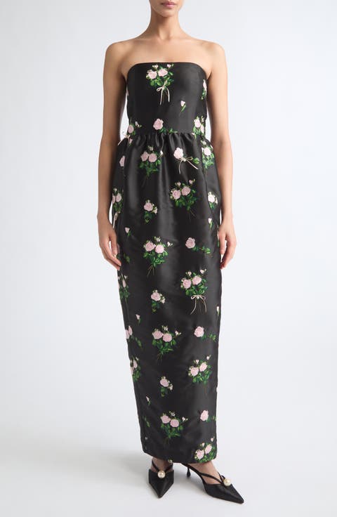 Lena Embroidered Strapless Column Gown