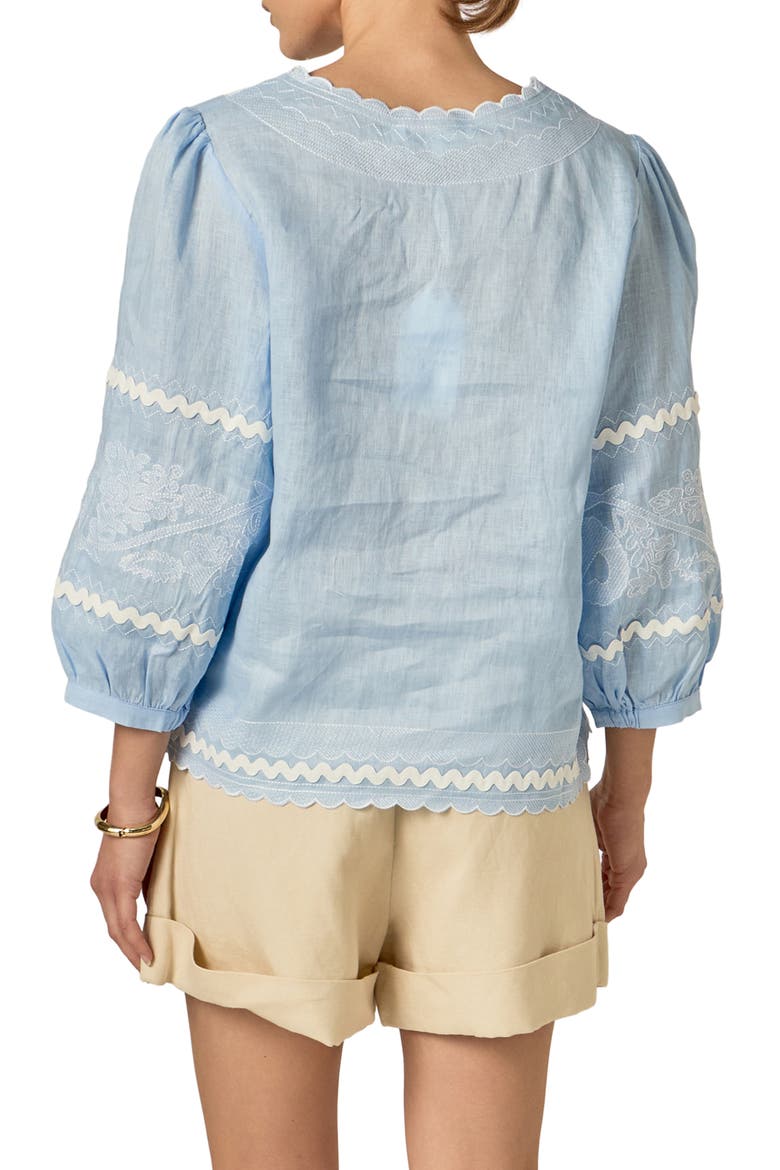 Rickrack Trim Embroidered Balloon Sleeve Linen Top, Alternate, color, POWDER BLUE