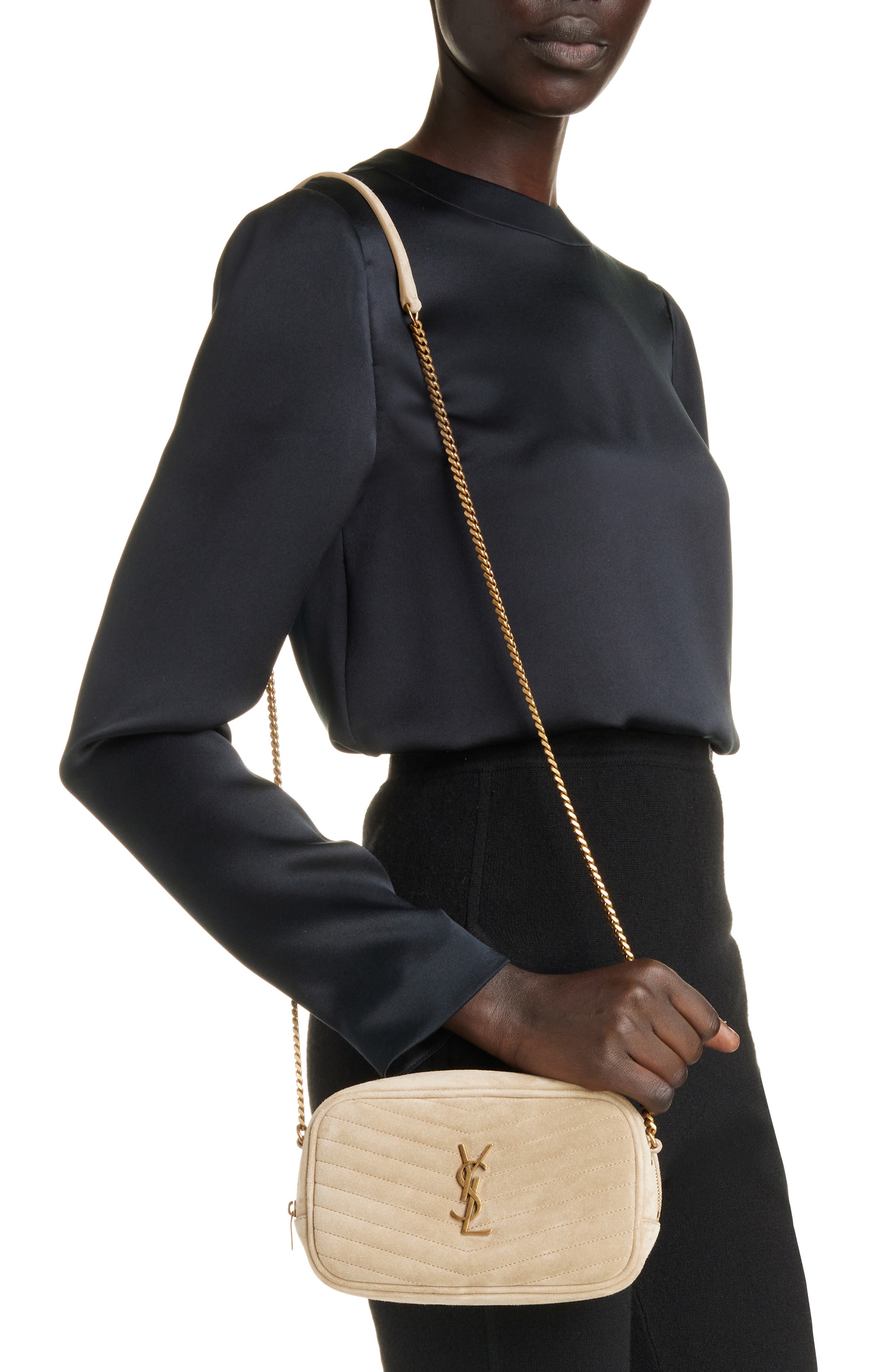 Saint Laurent Mini Lou Matelassé Suede Camera Bag, Alternate, color, 