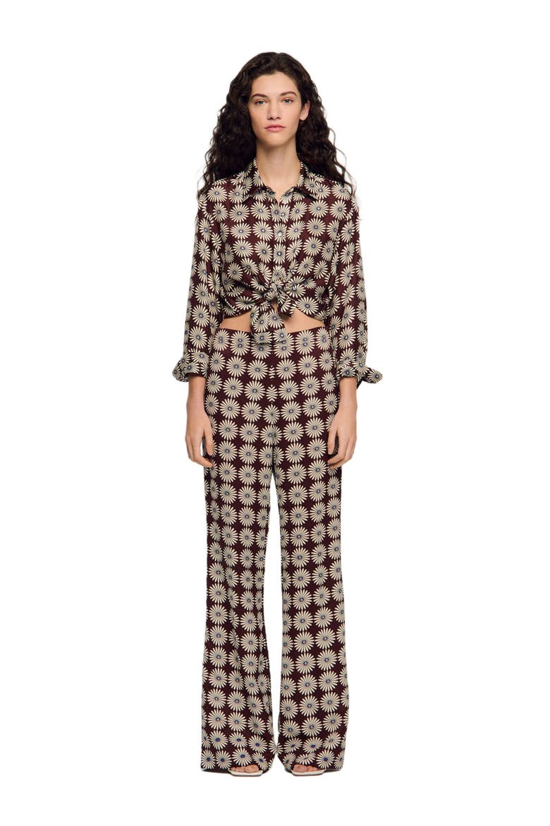 Floral-print floaty trousers, Alternate, color, Marron / bleu