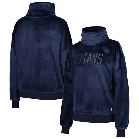 Women's DKNY Sport  Navy Tennessee Titans Deliliah Rhinestone Funnel Neck Pullover Sweatshirt