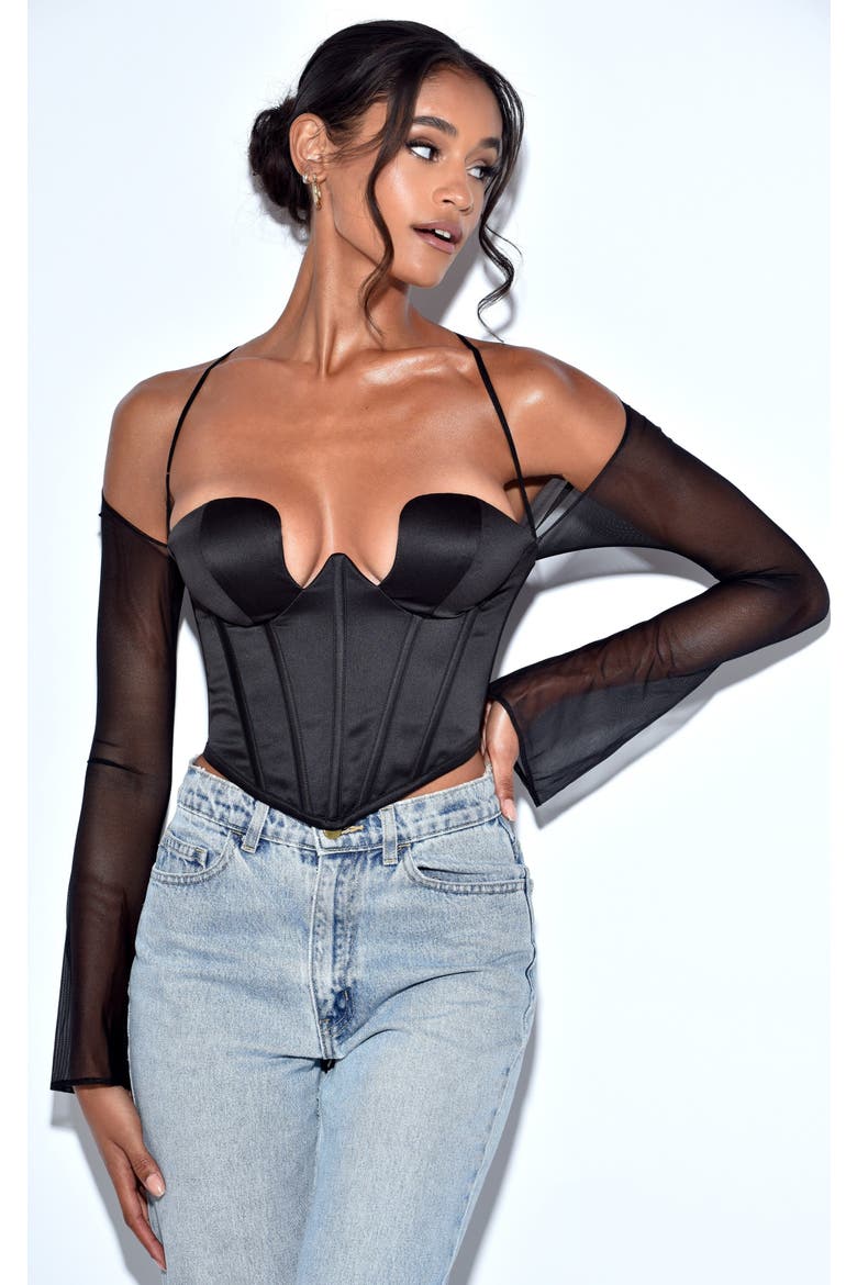 Pixie Mesh Sleeve Halter Corset Satin Top, Main, color, Black