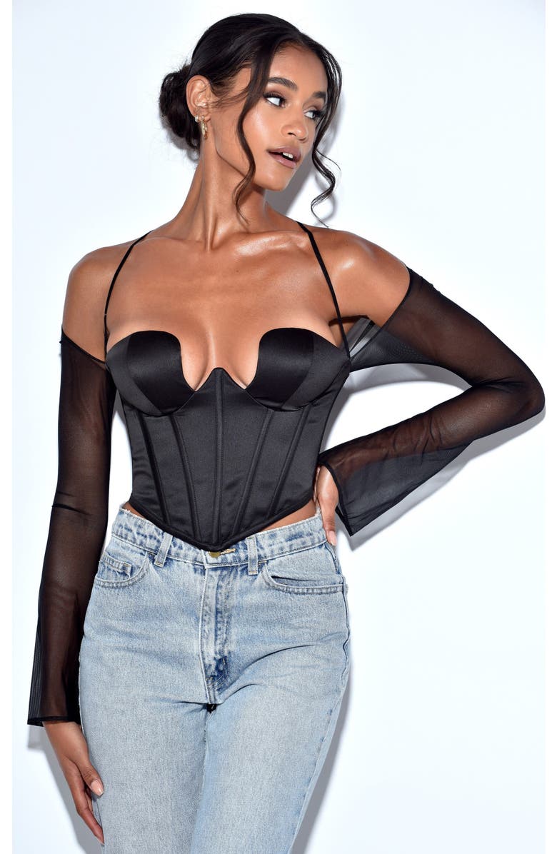 Miss Circle Pixie Mesh Sleeve Halter Corset Satin Top, Main, color, Black