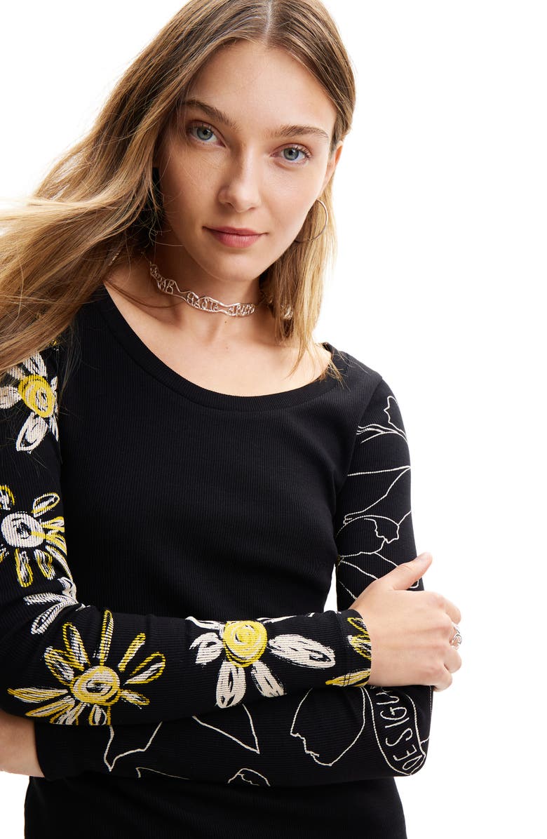 Desigual Ribbed Floral T-Shirt, Alternate, color, Black