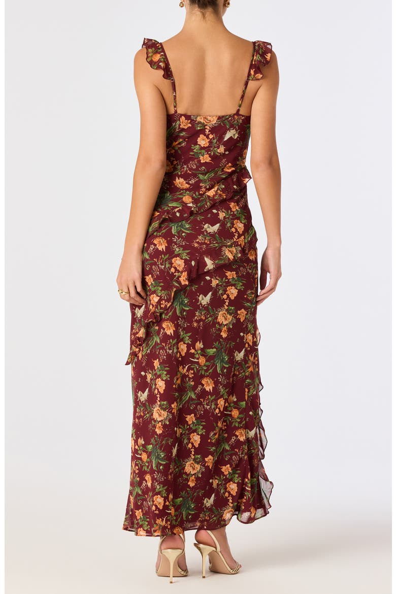 Aleah Floral Ruffle Maxidress, Alternate, color, WINE FLORAL
