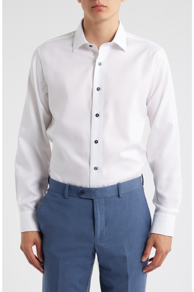 Trim Fit Diamond Textured White Cotton Dress Shirt, Main, color, WHITE