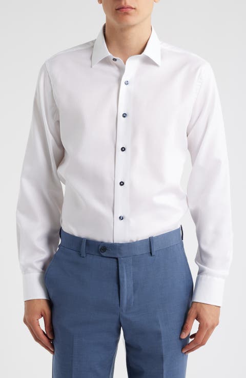 Trim Fit Diamond Textured White Cotton Dress Shirt (Regular, Big & Tall)