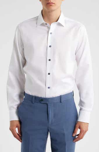 Trim Fit Diamond Textured White Cotton Dress Shirt